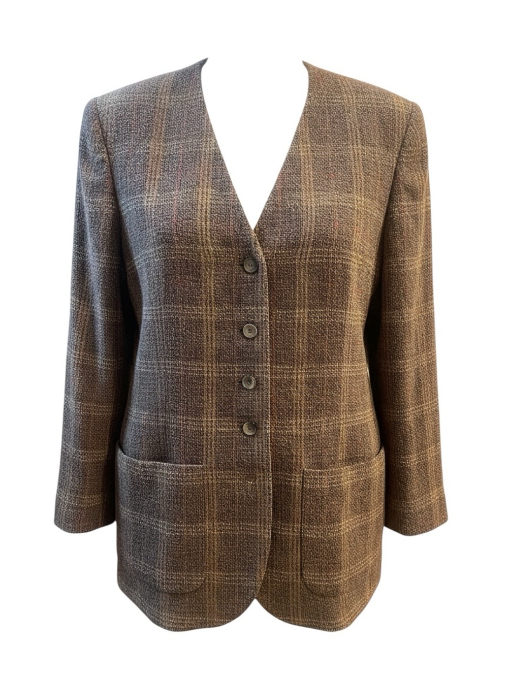 Tailored Tweed Wool Plaid V-Neck Blazer